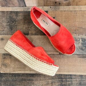 Miu Miu Peep-Toe Denim Platform Espadrille Orange
